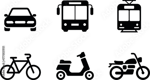 Set of six silhouette icons representing diverse urban transportation modes for modern use vector