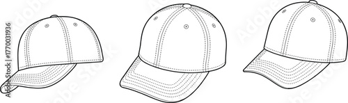 Baseball cap three angle clean technical outline curved brim stitch detail headwear template fashion mockup apparel tech pack cad drawing flat vector illustration