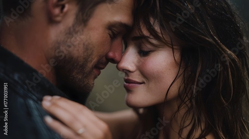 Close up of a loving couple embracing with foreheads touching in the rain conveying deep int y and connection