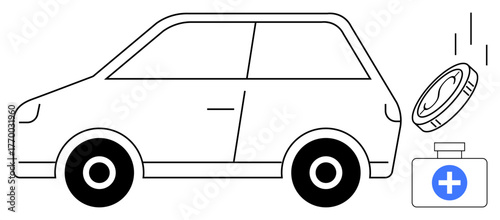 Small vehicle with a gas cap removed near a first aid kit, signifying safety, health, preparedness, emergency, prevention, travel, and support. Ideal for mobility and simple flat metaphor