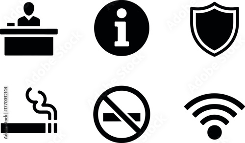 Collection of six essential black and white icons for information security and services vector