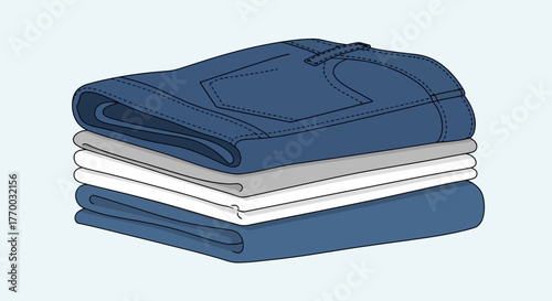 A neatly stacked pile of folded clothes including jeans on top with a light blue background