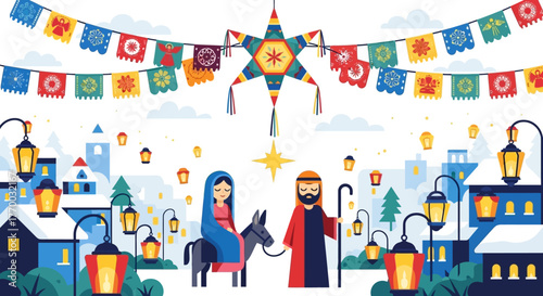 Nativity scene under a piñata and bunting with illuminated village backdrop