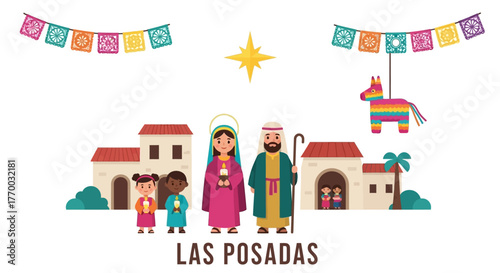 Nativity scene with buildings people holding candles hanging ornaments and a star titled LAS POSADAS