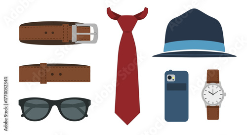 Flat vector art accessories including a belt tie hat sunglasses phone and watch