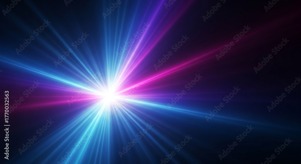 Fototapeta premium Exploding starburst effect with vibrant blue and magenta light rays bursting from a bright white core against a dark background, perfect for futuristic concepts.