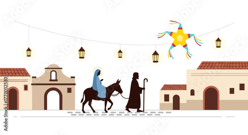 Nativity scene with Mary donkey Joseph a piñata and adobe buildings under string lights