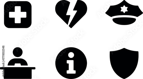 Minimalist icons set of medical police information person shield broken heart safety symbols vector