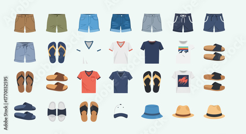 An array of summer clothing shorts tshirts sandals flip flops and hats displayed on a light background