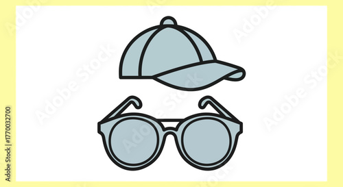 Cap and glasses on a white background with a yellow border
