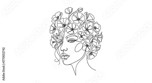 Elegant line art of a woman's face adorned with beautiful flowers in her hair portrait style