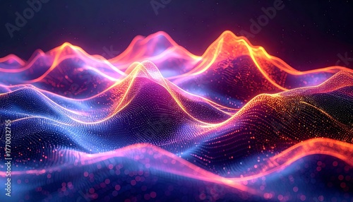 Abstract 3D landscape of glowing particle peaks and valleys