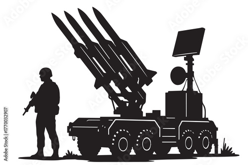 Black and white vector silhouette of a soldier standing beside a missile launcher vehicle firing a rocket, symbolizing war, strength, and battlefield atmosphere in dramatic minimal style.