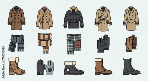 Rows of winter clothing including coats scarves gloves and boots