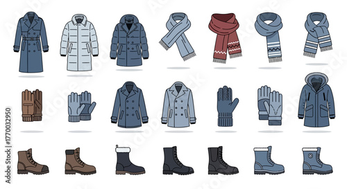 Winter wear collection coats scarves gloves and boots on a white background