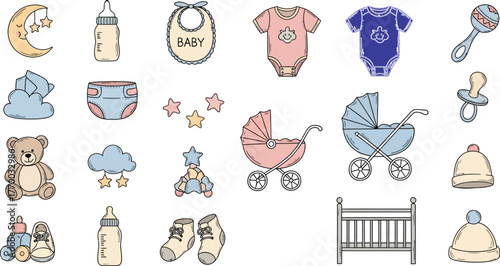 Collection of hand drawn baby items and nursery essentials in a whimsical colorful illustration style