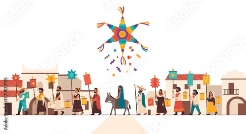 People parade with a pinata carrying lanterns through a street