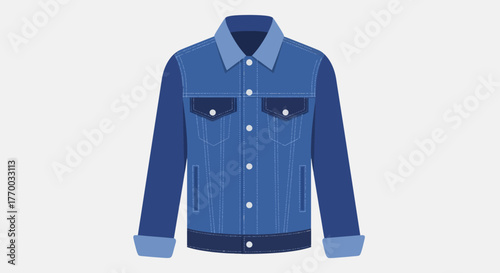 A blue denim jacket with buttons pockets collar and sleeves is featured