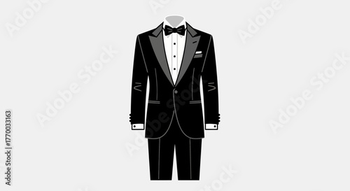 Black tuxedo with bow tie white shirt button and pocket square on white
