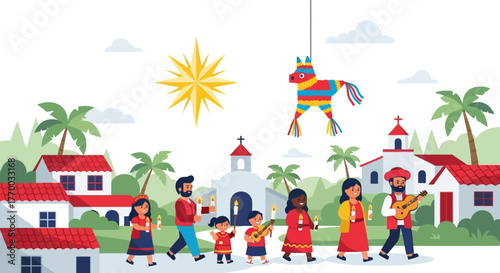 People process through a town with a hanging piñata buildings and a large star overhead