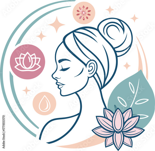 Beauty salon and spa doodle set. Skin care and natural treatment, natural cosmetics concept, time for yourself. Spa with aroma oil, nail file, sleep mask and other care items.