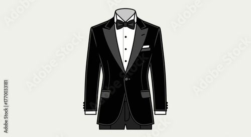The image shows a formal black tuxedo with a bow tie pocket square and dress shirt set against a light background
