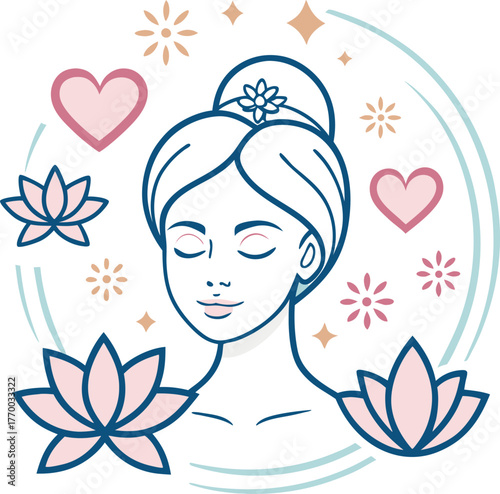 Beauty salon and spa doodle set. Skin care and natural treatment, natural cosmetics concept, time for yourself. Spa with aroma oil, nail file, sleep mask and other care items.