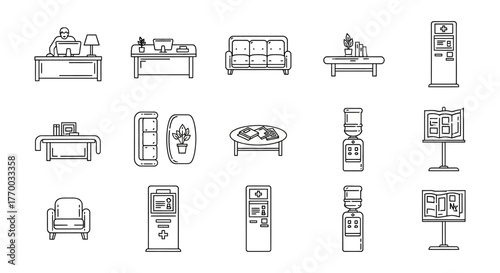 outline icons office waiting room furniture desks sofas water coolers healthcare kiosks business and medical design concepts.