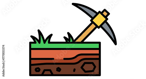 pickaxe in a detailed cross-section of layered earth with grass and soil illustrating mining excavation and geology concepts.