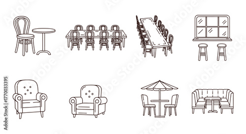 restaurant furniture vector icons featuring diverse cafe seating dining tables lounge chairs for interior design concepts.