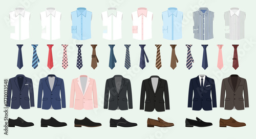 Apparel collection sleeveless shirts ties suits and shoes are neatly arranged in a grid pattern