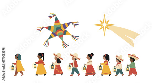 Seven children with lanterns a piñata and a star on a white background