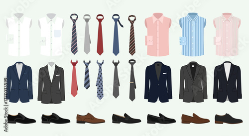 Clothing collection features shirts ties suits  shoes arranged in rows against a light background