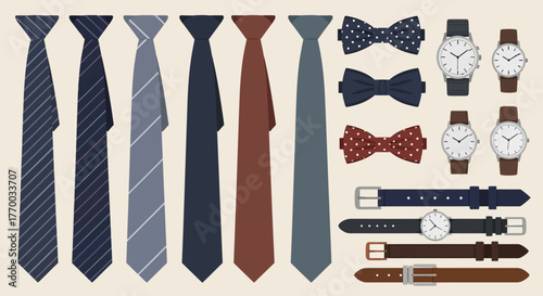 Mens accessories ties bow ties watches and belts on a light beige background