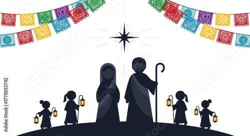 Silhouette Nativity scene under star with colorful banners and children with lanterns
