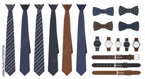 Assorted mens accessories arranged together including ties bow ties watches and belts