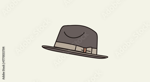 A cartoon fedora hat in shades of gray and beige tilted slightly to the left against a pale cream background