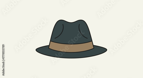 Gray fedora hat with brown band against a light beige background