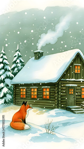 Winter house in a snowy Christmas landscape at night