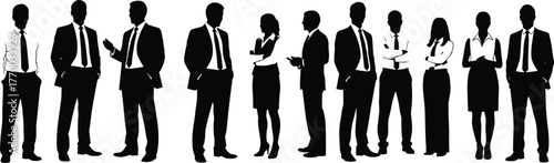 Business people silhouette, corporate team, professional group, workplace diversity, office attire, teamwork concept, leadership, communication, standing pose, business meeting, collaboration, unity