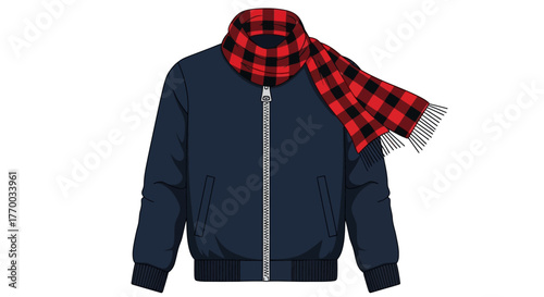 A blue bomber jacket is zipped and styled with a red  black plaid scarf
