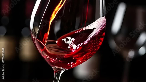 Captivating pour of red wine into a glass, creating a dynamic swirl and elegant splash. This rich ruby liquid highlights sophistication and refined indulgence