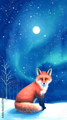 Cute cartoon cat sitting on the moon in a snowy winter night sky