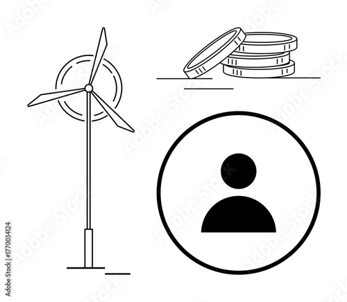 Wind turbine, stack of coins, and user icon representing renewable energy, investment, and humanity. Ideal for sustainability, green energy, funding responsibility innovation strategy. Simple flat