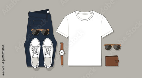 Apparel ensemble jeans tee sneakers shades watch  wallet laid on a flat surface