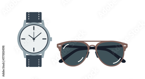 A wristwatch and aviator sunglasses isolated on a white background