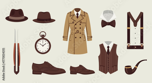 A collection of classic male attire including hats a trench coat and accessories