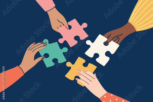 Overhead view of diverse friends collaboratively assembling a complex jigsaw puzzle, hands overlapping, focused engagement, joyful bonding.