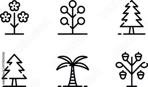 Minimalist line art icons set featuring various trees and plants for graphic design projects vector