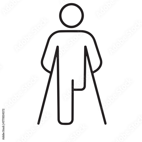 Disabled Person with Crutches Outline Icon - Amputee and Support Vector
